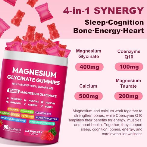 Magnesium Glycinate Gummies 600mg, High Absorption Magnesium Complex, Sugar Free Chewables Gummies with VitaminD & B6, CQ10 for Adults & Kids, Relaxation, Muscle & Zzz Support in Saudi Arabia