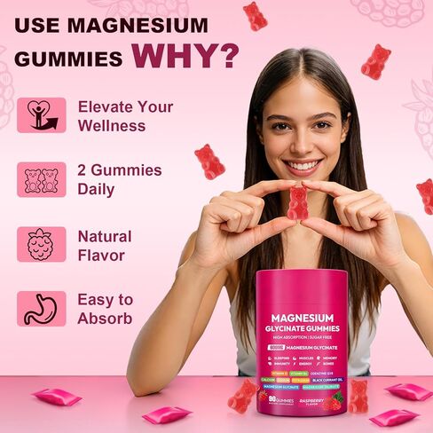 Magnesium Glycinate Gummies 600mg, High Absorption Magnesium Complex, Sugar Free Chewables Gummies with VitaminD & B6, CQ10 for Adults & Kids, Relaxation, Muscle & Zzz Support in Saudi Arabia