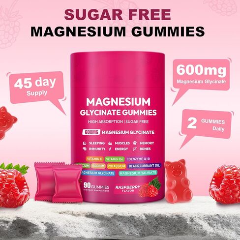 Magnesium Glycinate Gummies 600mg, High Absorption Magnesium Complex, Sugar Free Chewables Gummies with VitaminD & B6, CQ10 for Adults & Kids, Relaxation, Muscle & Zzz Support in Saudi Arabia