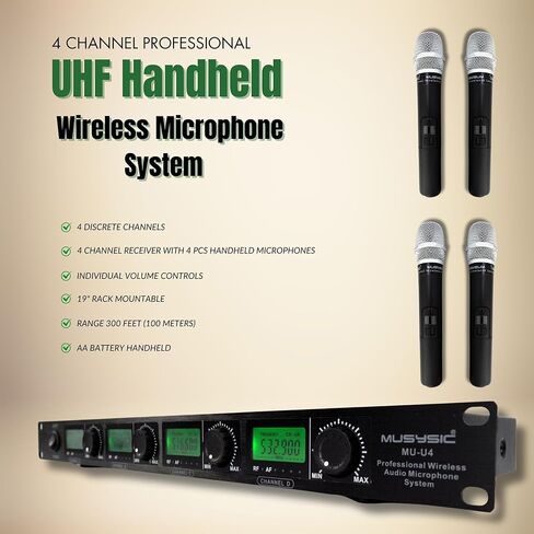 MUSYSIC MU-U4-HH Professional 4-Channel UHF Wireless Handheld Microphone System – 4 Dynamic Handheld Mics, 500-580 MHz 300ft Range, LCD Display, Individual Volume Controls, Mixed & Separate Outputs in Saudi Arabia