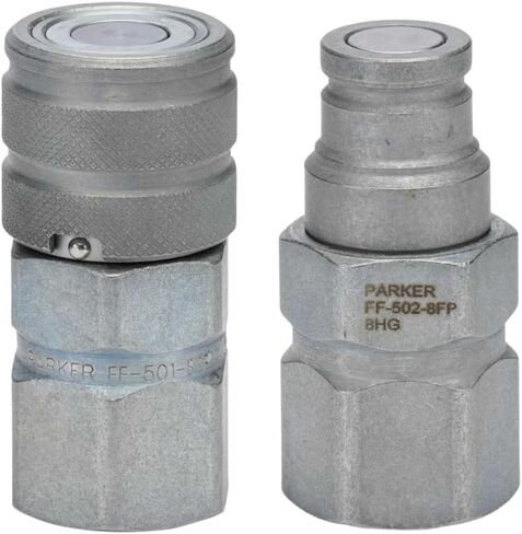 مجموعة قارنات التوصيل السريع الهيدروليكية Parker FF‑501‑8FP ​​+ FF‑502‑8FP ذات الوجه المسطح | ½″ الجسم ISO 16028 | يناسب خيوط 1⁄2 بوصة NPT وNPSF | لملحقات بوبكات، كوبوتا، انزلاقية التوجيه | 3000 رطل لكل بوصة مربعة in Saudi Arabia
