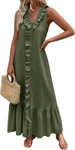 chouyatou Women's Summer Beach Cotton Tank Dress Linen Boho Sleeveless Tiered Ruffle Maxi Long Sundress in Saudi Arabia