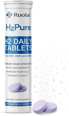 أقراص الهيدروجين Ruolai H2pure - أقراص H2 - مكمل هيدروجين سريع الذوبان للترطيب الخلوي، وإزالة السموم، والكبد والوضوح العقلي - خالي من الكافيين، نباتي (التوت) in Kuwait