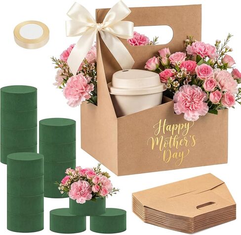 Reallnaive 18 Pack Mother's Day Gift 4 Cup Drink Carrier with Handle Floral Foam Set Kraft Coffee Carrier Holder Green Round Flower Foam Gift Cards for Teacher's Day Appreciation Party Favors in Saudi Arabia