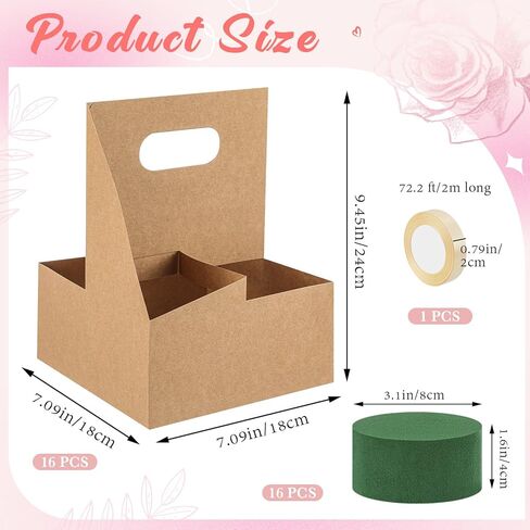 Reallnaive 18 Pack Mother's Day Gift 4 Cup Drink Carrier with Handle Floral Foam Set Kraft Coffee Carrier Holder Green Round Flower Foam Gift Cards for Teacher's Day Appreciation Party Favors in Saudi Arabia