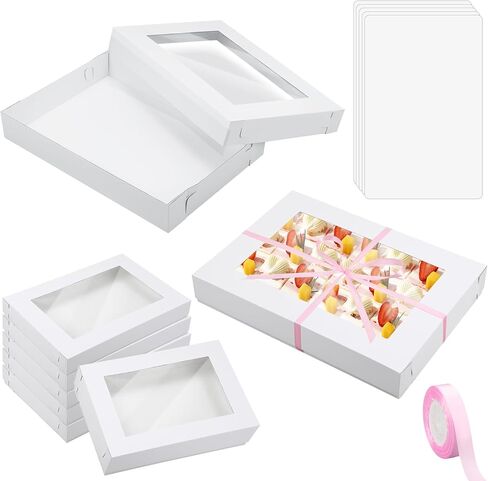 5 Set Heavy Duty Corrugated Full Sheet Window Cake Box 26x18x4 Inch with Cake Board and Pink Satin Ribbon Large Rectangle Bakery Boxes with Window White Bakery Boxes for Packaging Cupcake in Saudi Arabia