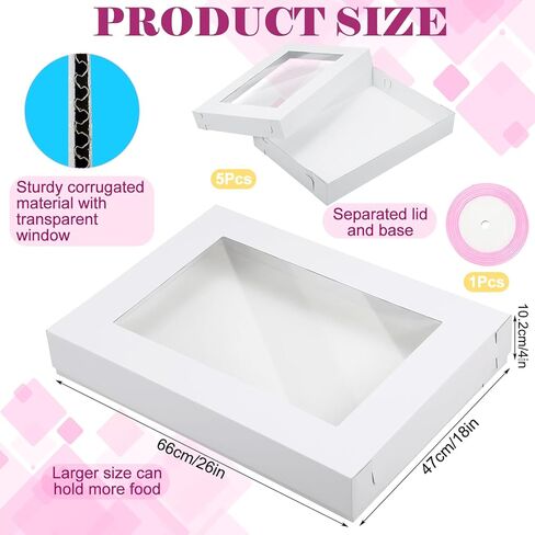5 Set Heavy Duty Corrugated Full Sheet Window Cake Box 26x18x4 Inch with Cake Board and Pink Satin Ribbon Large Rectangle Bakery Boxes with Window White Bakery Boxes for Packaging Cupcake in Saudi Arabia