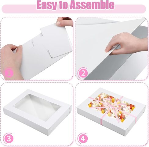 5 Set Heavy Duty Corrugated Full Sheet Window Cake Box 26x18x4 Inch with Cake Board and Pink Satin Ribbon Large Rectangle Bakery Boxes with Window White Bakery Boxes for Packaging Cupcake in Saudi Arabia