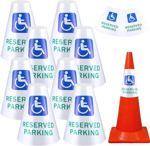 8 Pcs “Reserved Parking" Cone Message Sleeve, Bright Reflective 360° High Visible Cone Topper, Parking Signs for Traffic Safety with Handicapped Symbol, Suit for Outdoor Road Driveway in Saudi Arabia