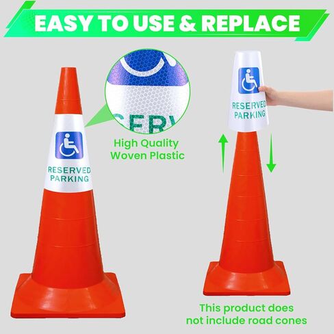 8 Pcs “Reserved Parking" Cone Message Sleeve, Bright Reflective 360° High Visible Cone Topper, Parking Signs for Traffic Safety with Handicapped Symbol, Suit for Outdoor Road Driveway in Saudi Arabia