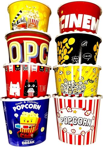 Modern Style Reusable Plastic Popcorn Box/Popcorn Containers/Popcorn Bowls Set for Movie Theater Night - (BPA Free - 8 Pack - 75 oz) (Mix 8-S) in Saudi Arabia