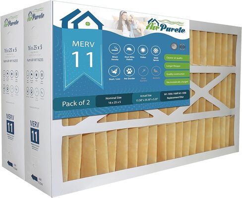 M1-1056 Replacement Filter | AirPurete AP- M116255 | Actual Size 15 3/8" x 25 1/2" x 5 1/4" (16x25x5) | Pack of 2 | Manufactured in Canada in Saudi Arabia