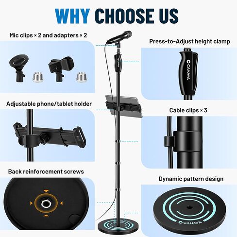 CAHAYA Microphone Stand Floor Adjustable - Mic Stand Universal with 7.12 lbs Weighted Round Metal Base Mic Stands with Phone Holder Mic Floor Stand with 2 Mic Clips and 3/8'' to 5/8'' Adapter in Saudi Arabia