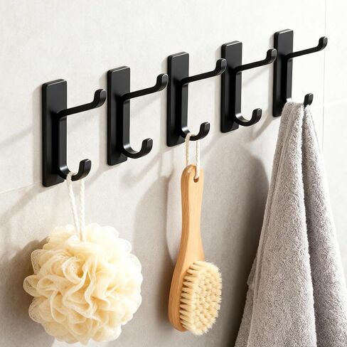 5 Pack Heavy Duty Adhesive Wall Hooks, Waterproof Strong Sticky Hooks for Hanging Towel Coat Robe Keys Bags, No Drill Utility Hooks for Bathroom Kitchen Shower Door (Black in Saudi Arabia