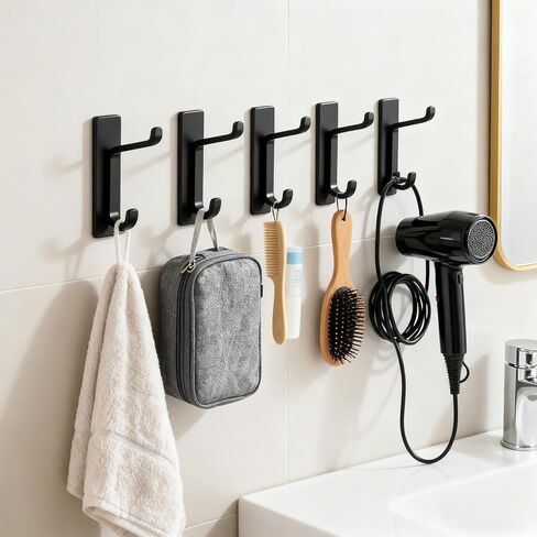 5 Pack Heavy Duty Adhesive Wall Hooks, Waterproof Strong Sticky Hooks for Hanging Towel Coat Robe Keys Bags, No Drill Utility Hooks for Bathroom Kitchen Shower Door (Black in Saudi Arabia