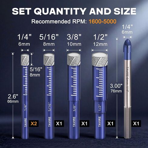 6-Piece Dry Diamond Drill Bit Set for Porcelain, Tile, Ceramic, Pot, Glass, Granite, Concrete, Masonry, Stone, Hard Materials, Tile Drill Bits 1/4",5/16",3/8",1/2"&Tungsten Carbide Bit 1/4" in Saudi Arabia