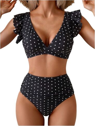SHENHE Women's High Waisted Bikini Set Tummy Control Ruffle Polka Dots Swimsuits 2 Piece in Saudi Arabia