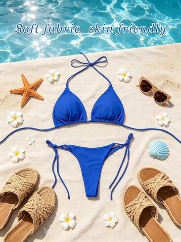 Bikini Set for Women Solid Color V Neck Push Up High Leg Thong Two Piece Bathing Suit for Tropical Vacation Blue Size M in Saudi Arabia