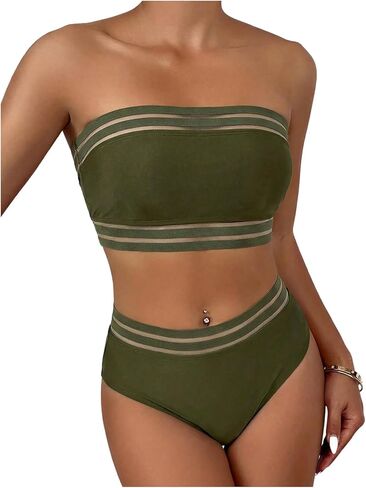 RoseSeek Women's 2 Piece Bikini Sets Mesh Striped Tube Tops and High Waisted Panties Swimsuit Sets in Saudi Arabia
