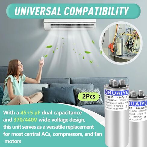 2 قطعة CAP050450440CT CAP050450440RTS CAP050450440RTP 45 + 5 μF MFD 370/440V AC مكثف دائري مزدوج التشغيل | بديل لضاغط تكييف الهواء HVAC العالمي ومكثف محرك المروحة in Kuwait