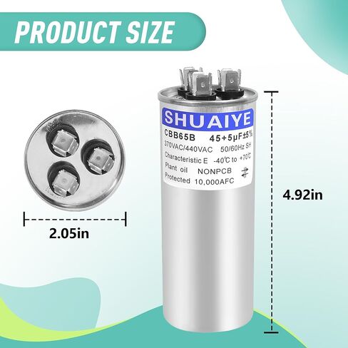 2 قطعة CAP050450440CT CAP050450440RTS CAP050450440RTP 45 + 5 μF MFD 370/440V AC مكثف دائري مزدوج التشغيل | بديل لضاغط تكييف الهواء HVAC العالمي ومكثف محرك المروحة in Kuwait