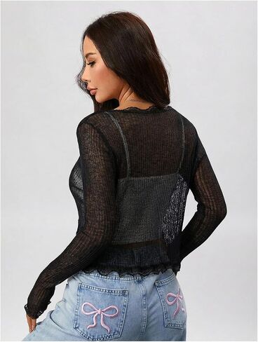 SHENHE Women's Sheer Lightweight Knit Cardigan Button Open Front Lace Trim Cover Up Cardigan in Saudi Arabia