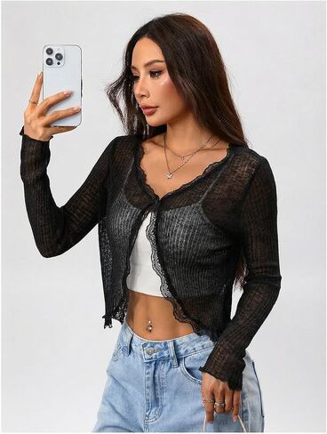 SHENHE Women's Sheer Lightweight Knit Cardigan Button Open Front Lace Trim Cover Up Cardigan in Saudi Arabia