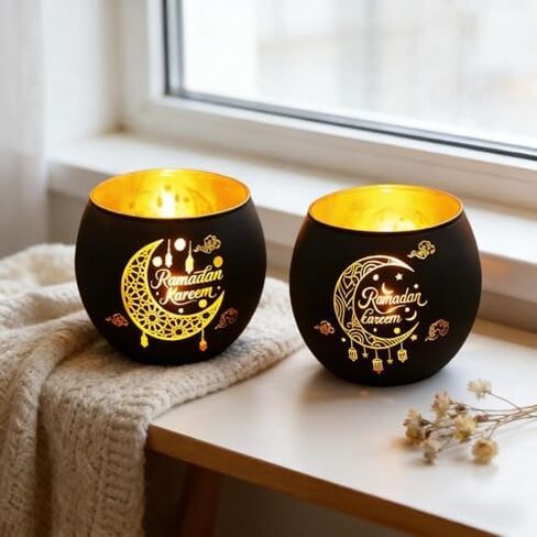 2 Pcs Ramadan Kareem Glass Candle Holder, White Moon Hollow Pattern Tealight Votive Candle Holder, Tabletop Centerpiece Decorations for Islamic Home Decor Muslim Party Gift Supplies in Saudi Arabia