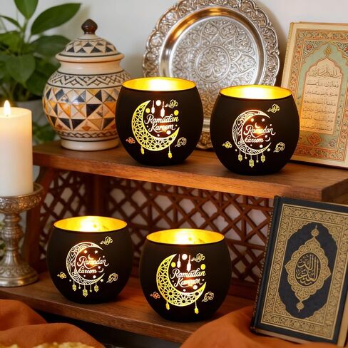 2 Pcs Ramadan Kareem Glass Candle Holder, White Moon Hollow Pattern Tealight Votive Candle Holder, Tabletop Centerpiece Decorations for Islamic Home Decor Muslim Party Gift Supplies in Saudi Arabia