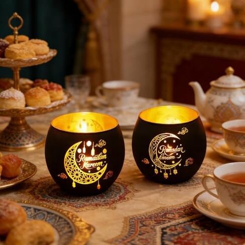 2 Pcs Ramadan Kareem Glass Candle Holder, White Moon Hollow Pattern Tealight Votive Candle Holder, Tabletop Centerpiece Decorations for Islamic Home Decor Muslim Party Gift Supplies in Saudi Arabia