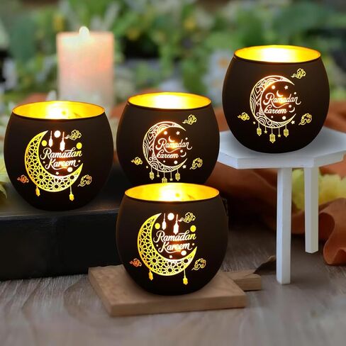 2 Pcs Ramadan Kareem Glass Candle Holder, White Moon Hollow Pattern Tealight Votive Candle Holder, Tabletop Centerpiece Decorations for Islamic Home Decor Muslim Party Gift Supplies in Saudi Arabia