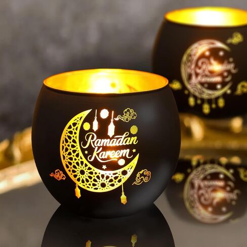 2 Pcs Ramadan Kareem Glass Candle Holder, White Moon Hollow Pattern Tealight Votive Candle Holder, Tabletop Centerpiece Decorations for Islamic Home Decor Muslim Party Gift Supplies in Saudi Arabia