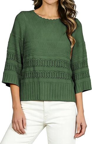 Women's 3/4 Sleeve Crewneck Pullover Sweater Ribbed Knit Pointelle Crochet Top Ruffled Trim Loose Fit Spring Summer in Saudi Arabia