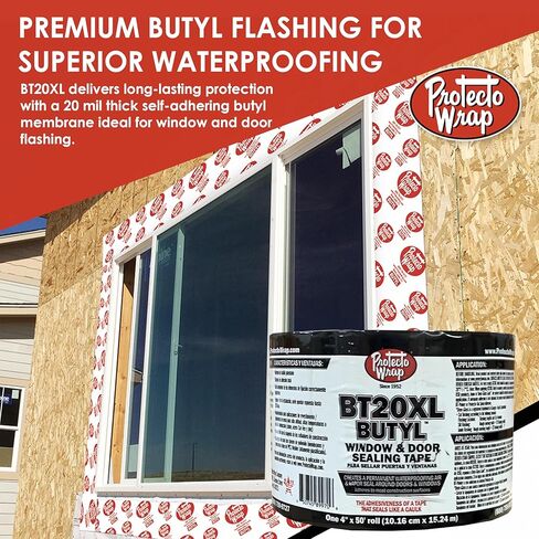 شريط وامض Protecto Wrap BT20XL Butyl ™ SW - ختم مقاوم للماء ذاتي الالتصاق للتغليف الخارجي، حواف التسمير، وميض النوافذ والأبواب - التعرض للأشعة فوق البنفسجية لمدة 120 يومًا - 4 بوصات × 50 قدمًا in Kuwait