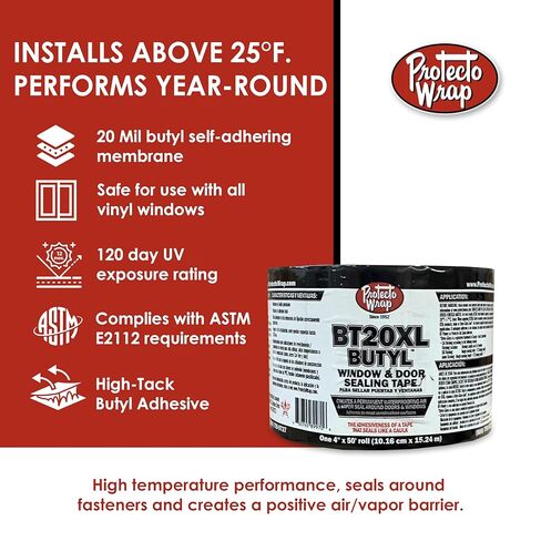 شريط وامض Protecto Wrap BT20XL Butyl ™ SW - ختم مقاوم للماء ذاتي الالتصاق للتغليف الخارجي، حواف التسمير، وميض النوافذ والأبواب - التعرض للأشعة فوق البنفسجية لمدة 120 يومًا - 4 بوصات × 50 قدمًا in Kuwait