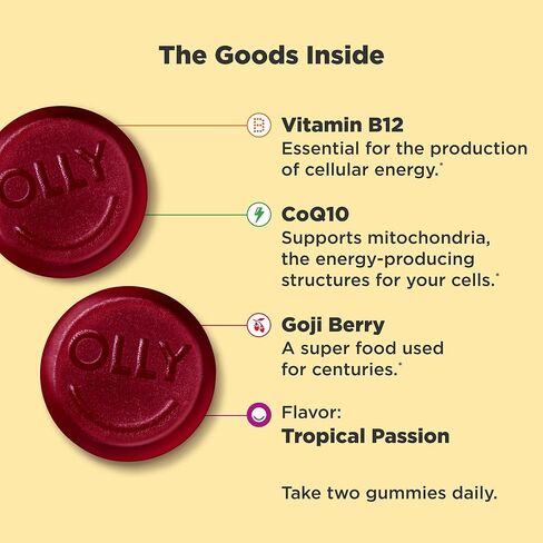 OLLY Daily Energy Gummy، إنتاج الطاقة الخلوية الخالية من الكافيين، * فيتامين ب12، مرافق الإنزيم Q10، توت الغوجي، مكمل غذائي قابل للمضغ للبالغين، بنكهة العاطفة الاستوائية، كمية تكفي 60 يومًا - 120 قطعة in Kuwait
