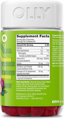 OLLY Daily Energy Gummy، إنتاج الطاقة الخلوية الخالية من الكافيين، * فيتامين ب12، مرافق الإنزيم Q10، توت الغوجي، مكمل غذائي قابل للمضغ للبالغين، بنكهة العاطفة الاستوائية، كمية تكفي 60 يومًا - 120 قطعة in Kuwait