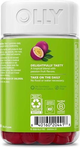 OLLY Daily Energy Gummy، إنتاج الطاقة الخلوية الخالية من الكافيين، * فيتامين ب12، مرافق الإنزيم Q10، توت الغوجي، مكمل غذائي قابل للمضغ للبالغين، بنكهة العاطفة الاستوائية، كمية تكفي 60 يومًا - 120 قطعة in Kuwait