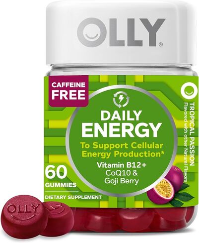 OLLY Daily Energy Gummy، إنتاج الطاقة الخلوية الخالية من الكافيين، * فيتامين ب12، مرافق الإنزيم Q10، توت الغوجي، مكمل غذائي قابل للمضغ للبالغين، بنكهة العاطفة الاستوائية، كمية تكفي 60 يومًا - 120 قطعة in Kuwait