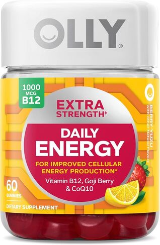OLLY Daily Energy Gummy، إنتاج الطاقة الخلوية الخالية من الكافيين، * فيتامين ب12، مرافق الإنزيم Q10، توت الغوجي، مكمل غذائي قابل للمضغ للبالغين، بنكهة العاطفة الاستوائية، كمية تكفي 60 يومًا - 120 قطعة in Kuwait