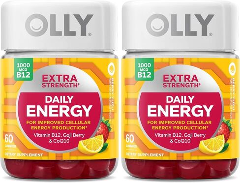 OLLY Daily Energy Gummy، إنتاج الطاقة الخلوية الخالية من الكافيين، * فيتامين ب12، مرافق الإنزيم Q10، توت الغوجي، مكمل غذائي قابل للمضغ للبالغين، بنكهة العاطفة الاستوائية، كمية تكفي 60 يومًا - 120 قطعة in Kuwait
