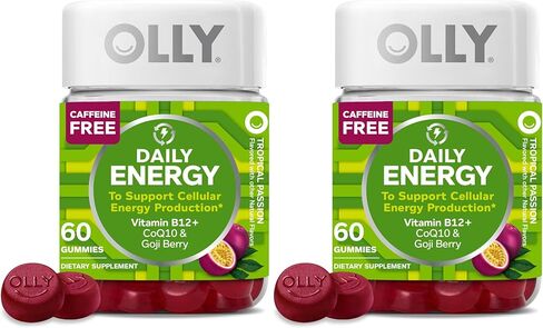 OLLY Daily Energy Gummy، إنتاج الطاقة الخلوية الخالية من الكافيين، * فيتامين ب12، مرافق الإنزيم Q10، توت الغوجي، مكمل غذائي قابل للمضغ للبالغين، بنكهة العاطفة الاستوائية، كمية تكفي 60 يومًا - 120 قطعة in Kuwait