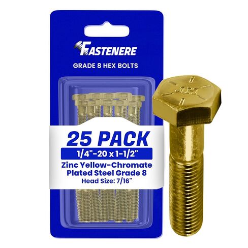 Fastenere 1/4"-20 x 1-1/2" Hex Bolts Grade 8 Zinc Yellow-Chromate Plated Steel, Partial Threaded Durable Hex Bolts for Machinery & Construction, Rust-Resistant, Heavy-Duty Fasteners, Pack of 25 in Saudi Arabia