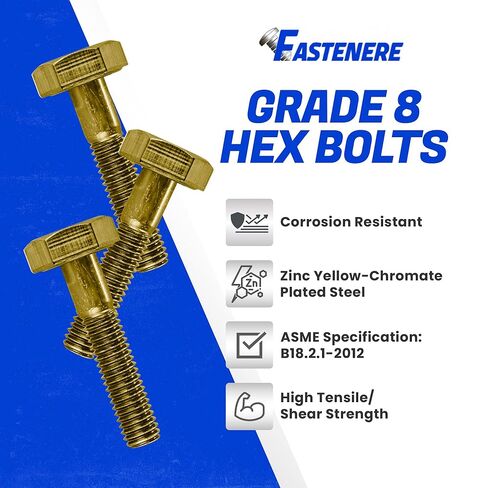 Fastenere 1/4"-20 x 1-1/2" Hex Bolts Grade 8 Zinc Yellow-Chromate Plated Steel, Partial Threaded Durable Hex Bolts for Machinery & Construction, Rust-Resistant, Heavy-Duty Fasteners, Pack of 25 in Saudi Arabia