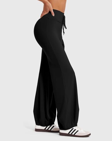 سراويل اليوغا النسائية من MOOSLOVER، سراويل يوجا برباط قابلة للطي، سراويل بيلاتيس غير رسمية (XL، أسود) in Saudi Arabia