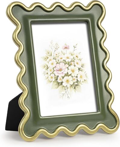 AELS 4x6 Inch Vintage Scalloped Picture Frame, Mid Century Modern Antique Photo Frames with Glass Front, Photo Display, Tabletop Wall Hanging, Gift Ideas, Green in Saudi Arabia