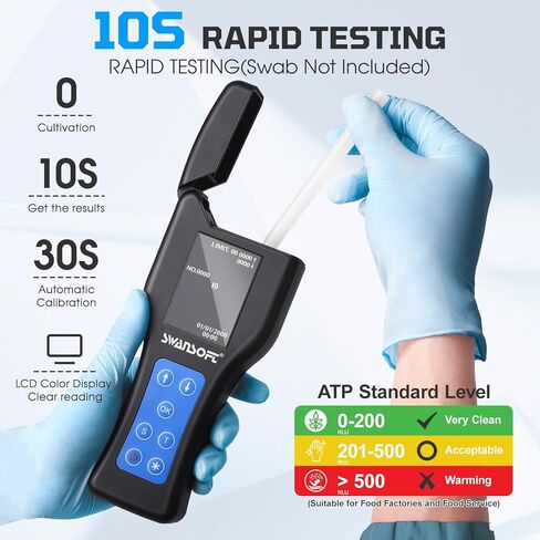 كاشف الفلورسنت المحمول ATP من SWAMSOFT مع شاشة LCD - محلل نظافة السطح السريع لمقياس ATP للرعاية الصحية وسلامة الأغذية (تُباع مسحات الاختبار بشكل منفصل) in Kuwait