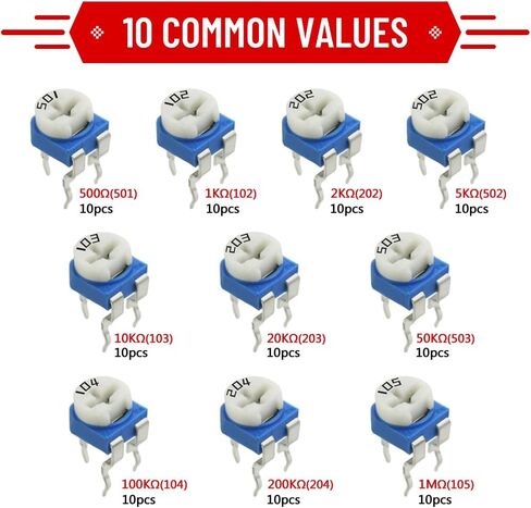 WMYCONGCONG 100 PCS 500 to 1M Ohm Variable Resistor 6mm Potentiometer Assortment Kit Trimmer Pot Top Adjustment Potentiometer in Saudi Arabia