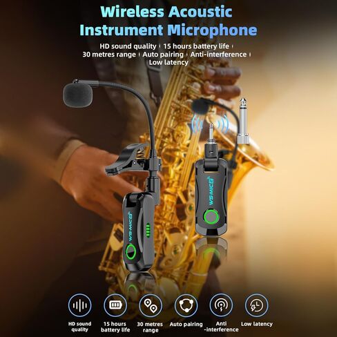 2.4G Wireless Saxophone Microphone, Lossless Sound Capture Auto Pairing Low Latency Rechargeable Adjustable withNoise Reduction Technology, for Saxophone Flute Clarinet in Saudi Arabia