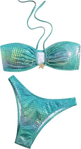 SHENHE Women's Shiny Metallic Swimsuits Tie Halter Bandeau Bikini Set High Cut 2 Piece Swimwear in Saudi Arabia